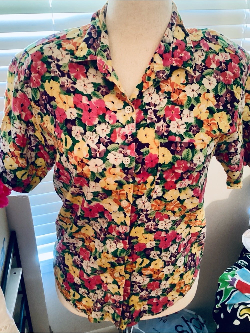 Vintage Floral Button-Down Shirt - Yellow, Pink, Purple, Green, White